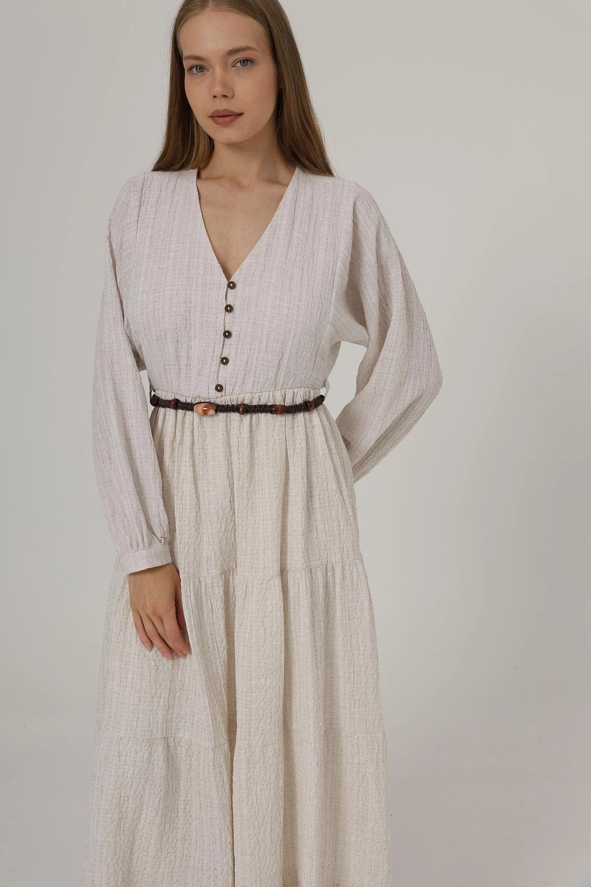 Boho Long Sleeve Tiered Maxi Dress with Button Front & Belt – Lightweight Cream Textured Summer Dress - görsel 4