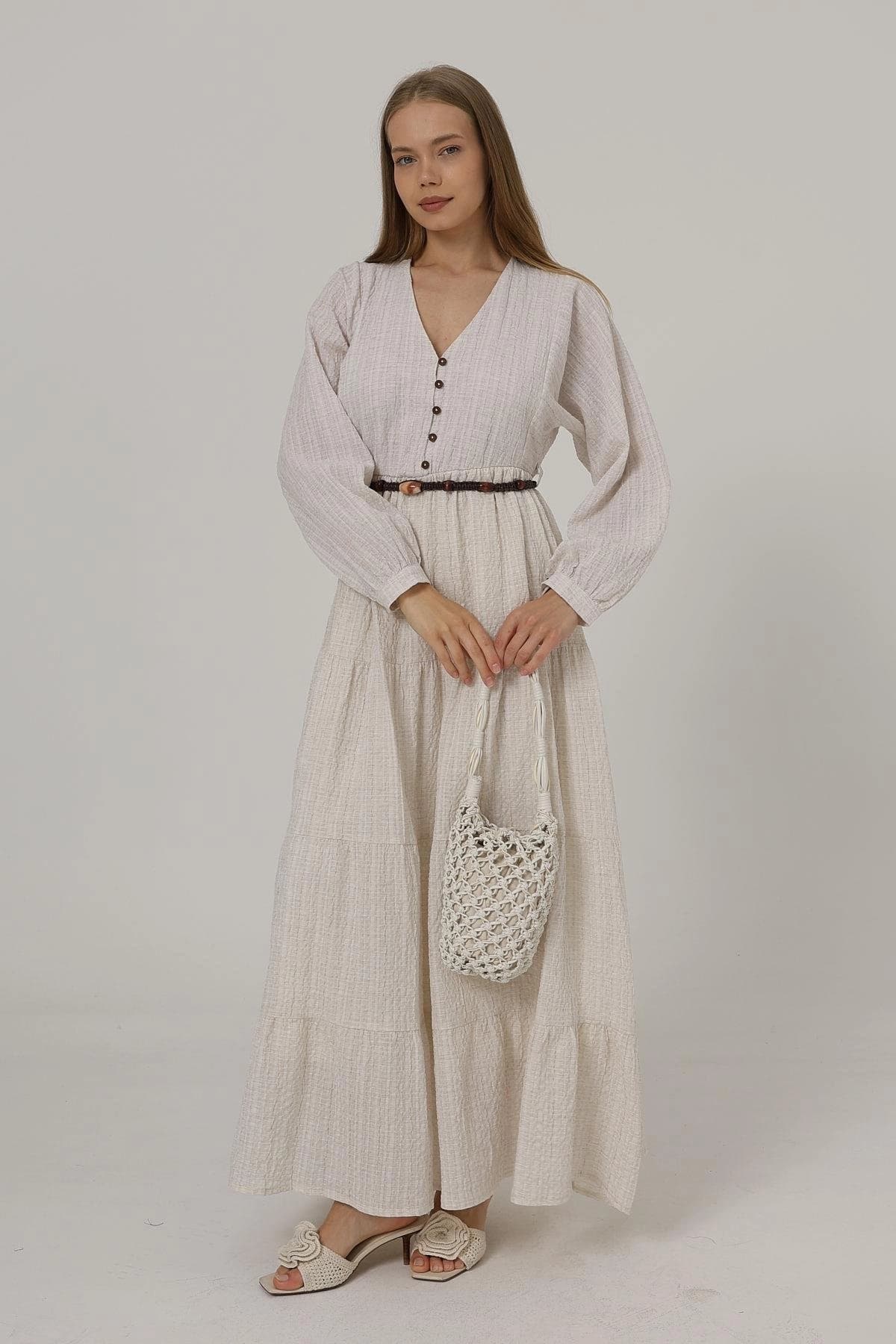 Boho Long Sleeve Tiered Maxi Dress with Button Front & Belt – Lightweight Cream Textured Summer Dress - görsel 5