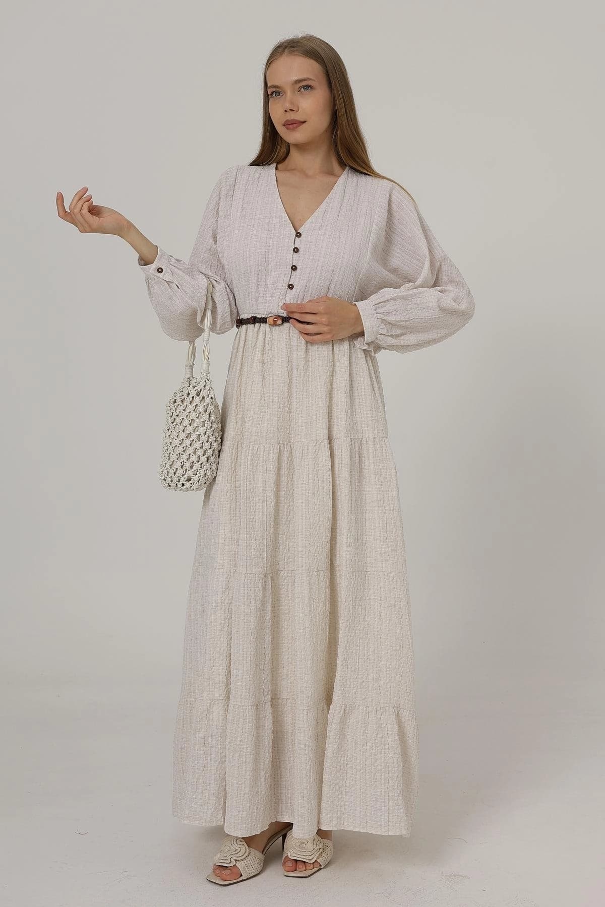 Boho Long Sleeve Tiered Maxi Dress with Button Front & Belt – Lightweight Cream Textured Summer Dress - ana görsel