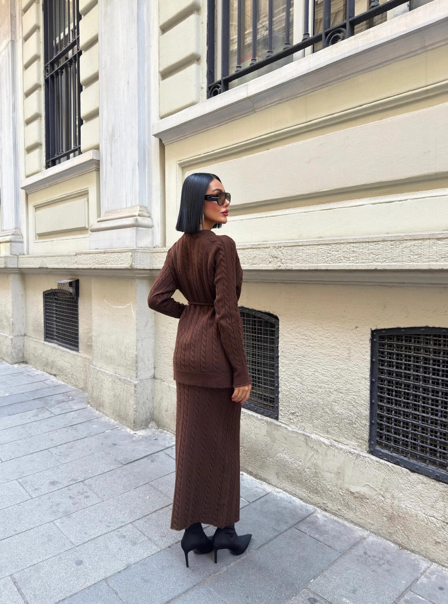 Brown Cable Knit Matching Set Two Piece Sweater Skirt Outfit Winter Cozy Belted Top Long Pencil Skirt Women Knit Set - görsel 1