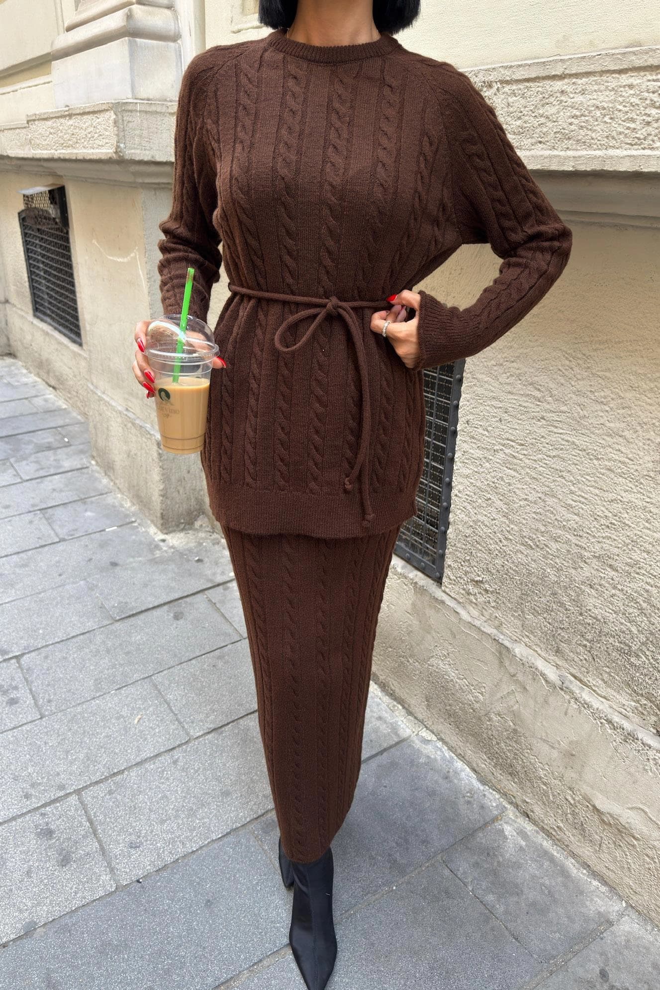 Brown Cable Knit Matching Set Two Piece Sweater Skirt Outfit Winter Cozy Belted Top Long Pencil Skirt Women Knit Set