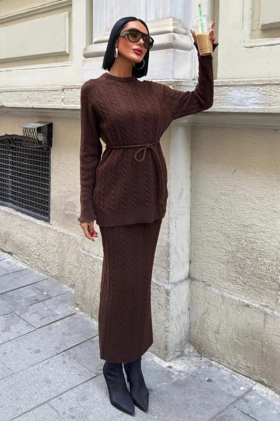 Brown Cable Knit Matching Set Two Piece Sweater Skirt Outfit Winter Cozy Belted Top Long Pencil Skirt Women Knit Set - görsel 3