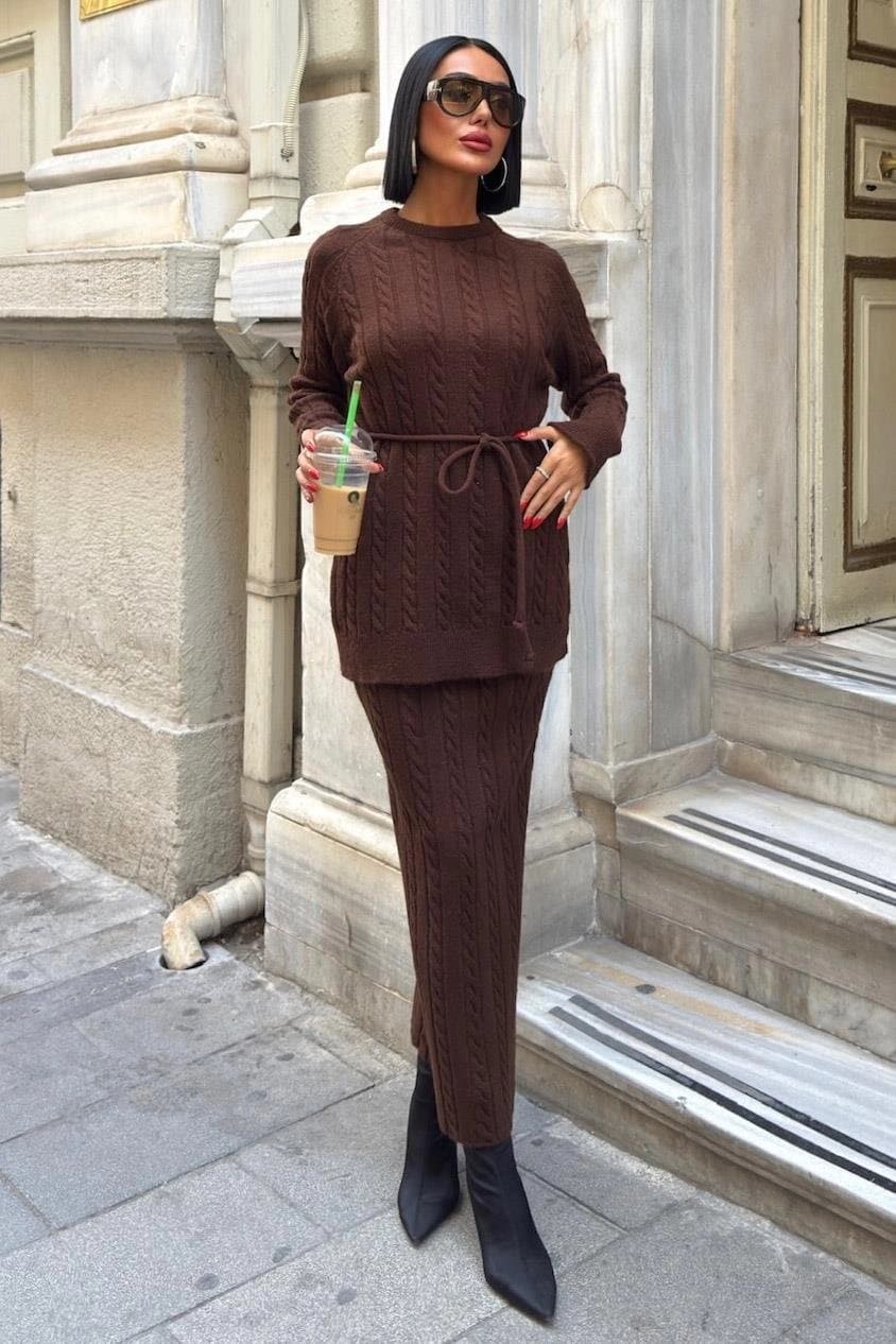 Brown Cable Knit Matching Set Two Piece Sweater Skirt Outfit Winter Cozy Belted Top Long Pencil Skirt Women Knit Set - görsel 4