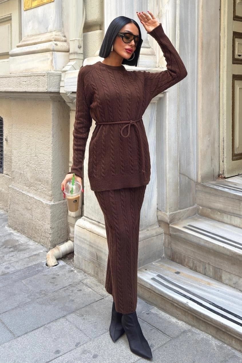 Brown Cable Knit Matching Set Two Piece Sweater Skirt Outfit Winter Cozy Belted Top Long Pencil Skirt Women Knit Set - görsel 5