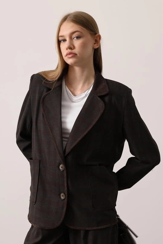Brown Plaid Blazer, Oversized Contrast Trim Tweed Jacket, Relaxed Fit Patch Pocket - görsel 1