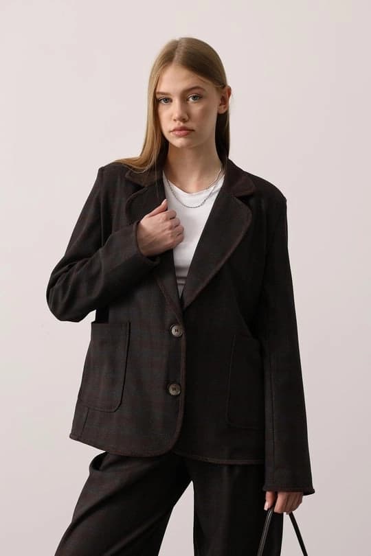 Brown Plaid Blazer, Oversized Contrast Trim Tweed Jacket, Relaxed Fit Patch Pocket - görsel 3