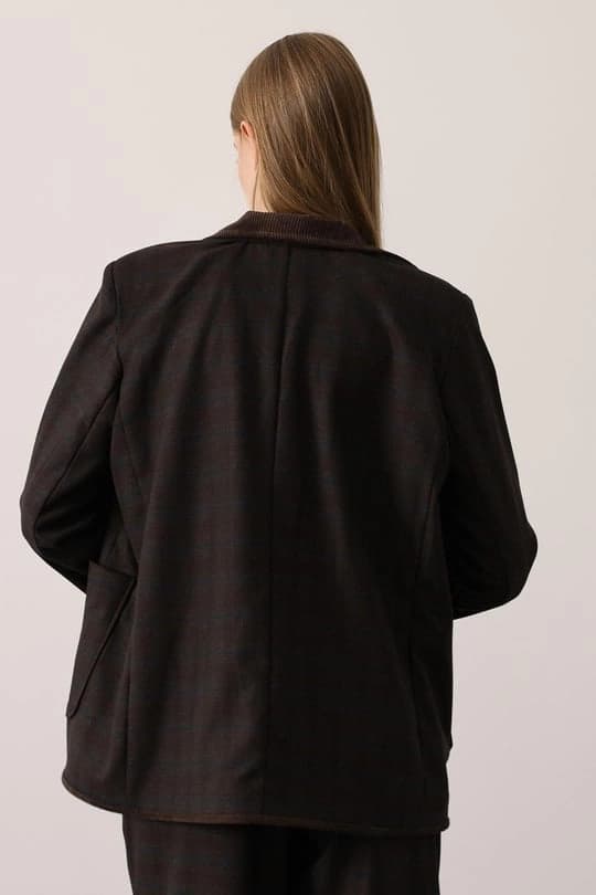 Brown Plaid Blazer, Oversized Contrast Trim Tweed Jacket, Relaxed Fit Patch Pocket - görsel 4