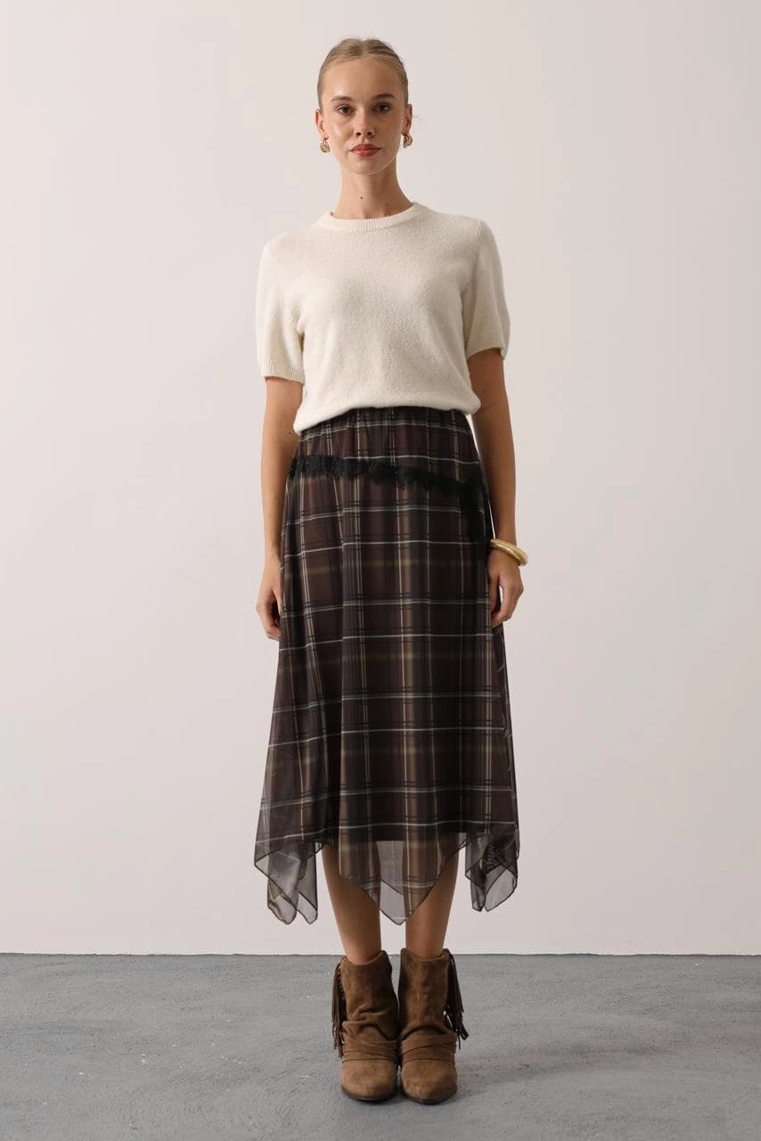 Cocoa-hued checked lower apparel, gossamer with an irregular multi-point border, adorned with a delicate decorative b...