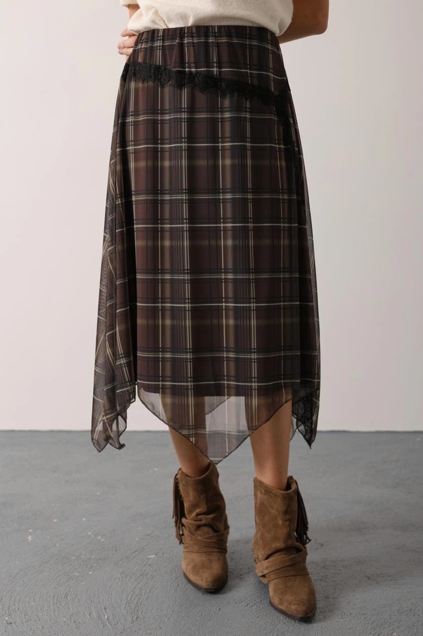 Chocolate checkered bottom apparel, airy gossamer material with delicate dark fringe, features a whimsical angular he...