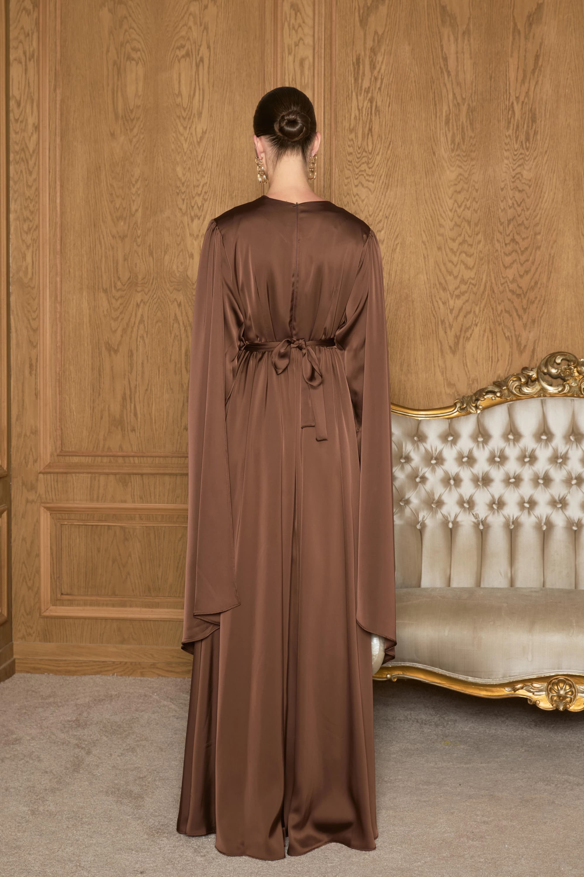 Brown Satin Evening Dress Long Cape Maxi Gown Custom Made Formal Prom Dress Chocolate Brown Elegant Wedding Guest Outfit - görsel 4