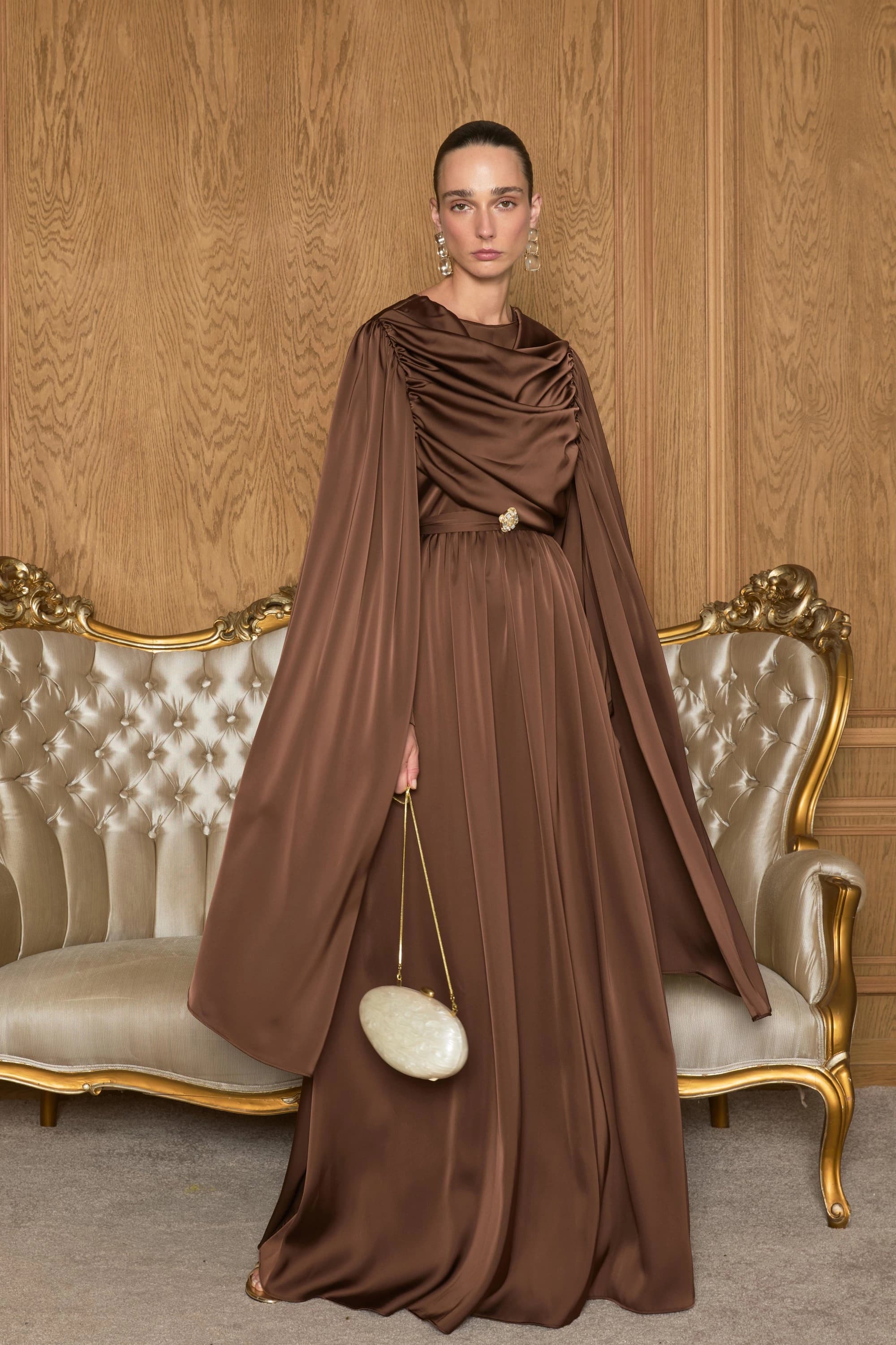 Brown Satin Evening Dress Long Cape Maxi Gown Custom Made Formal Prom Dress Chocolate Brown Elegant Wedding Guest Outfit - ana görsel
