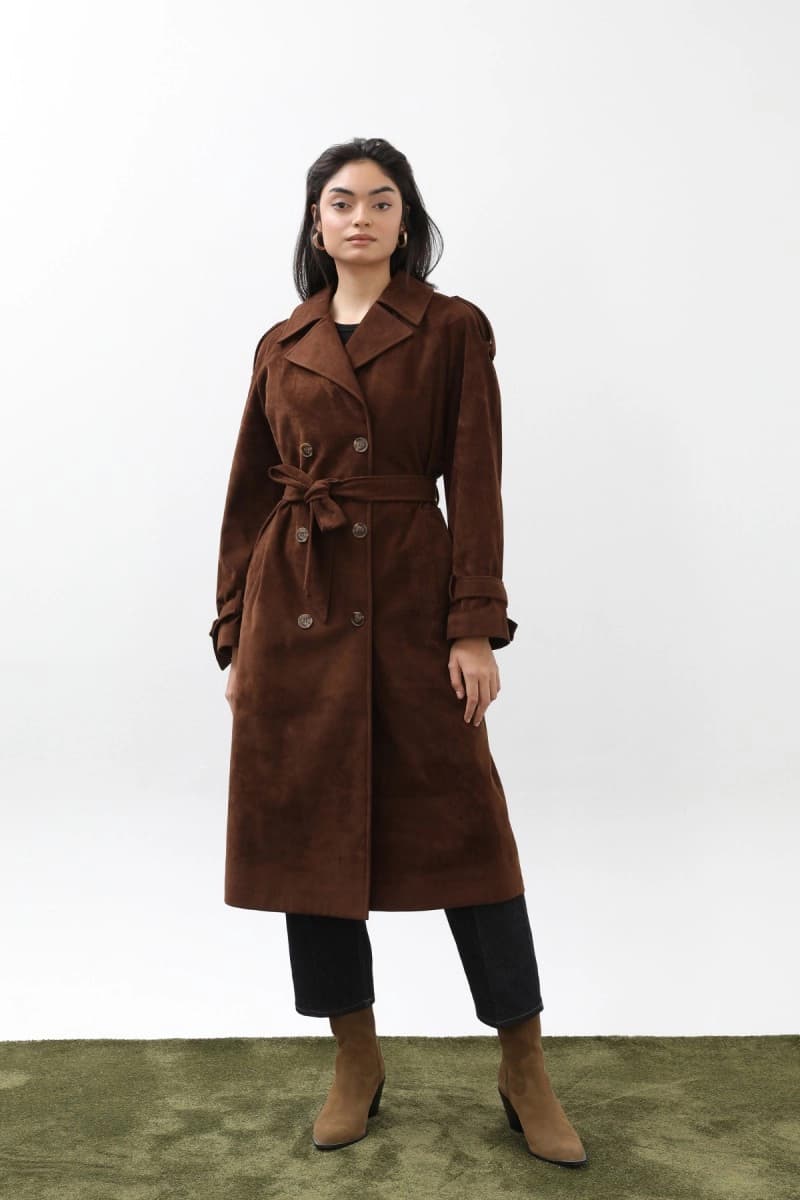 Brown Suede Trench Coat, 70s Vintage Style Long Suede Coat, Belted Double Breasted Western Boho Outerwear