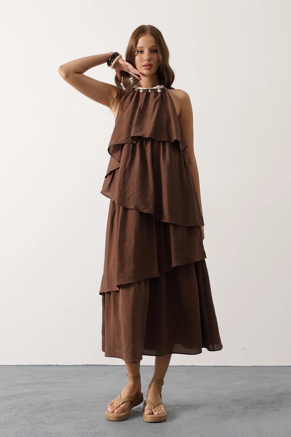 Brown Tiered Halter Maxi Dress Shell Charm Boho Summer Beach Dress Women Bohemian Ruffle Dress - ana görsel