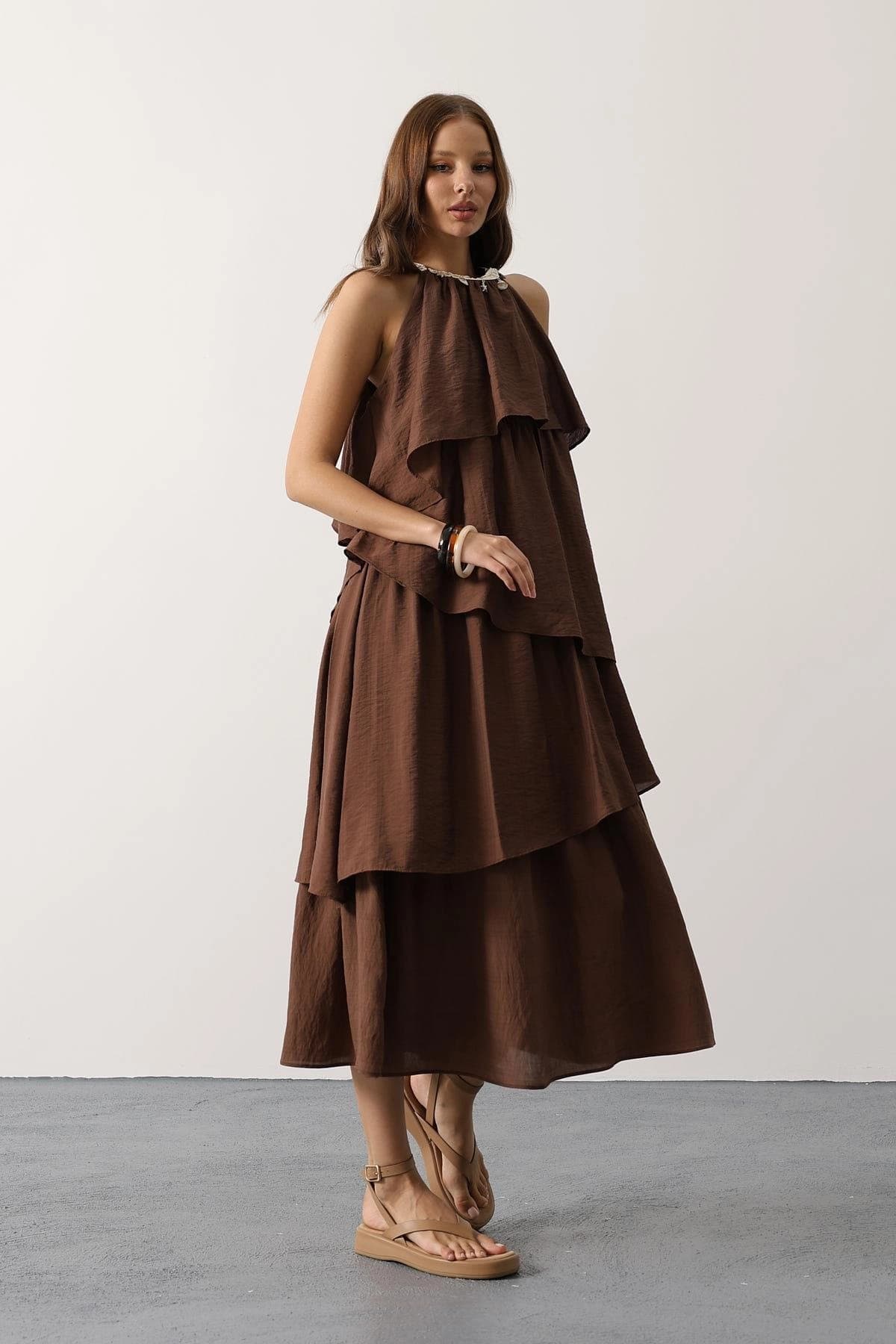 Brown Tiered Halter Maxi Dress Shell Charm Boho Summer Beach Dress Women Bohemian Ruffle Dress - görsel 6