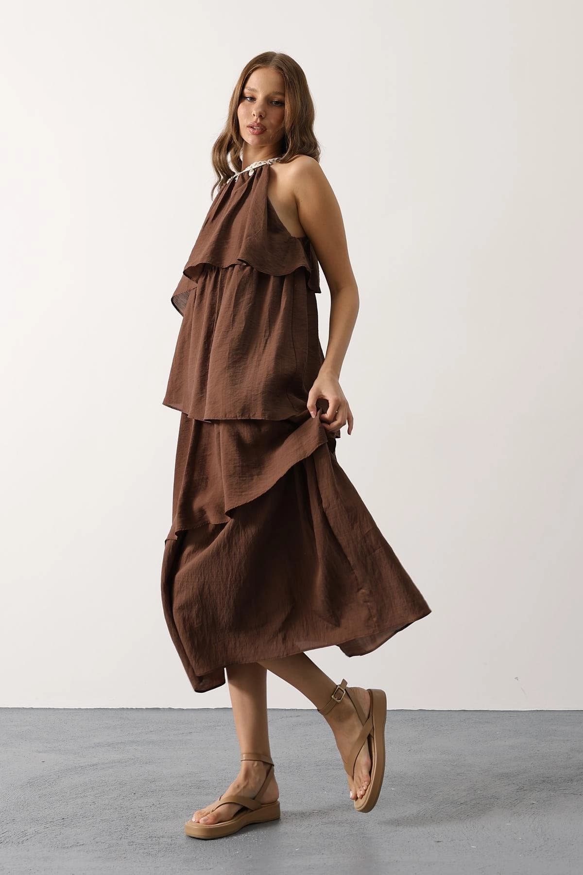 Brown Tiered Halter Maxi Dress Shell Charm Boho Summer Beach Dress Women Bohemian Ruffle Dress - görsel 2