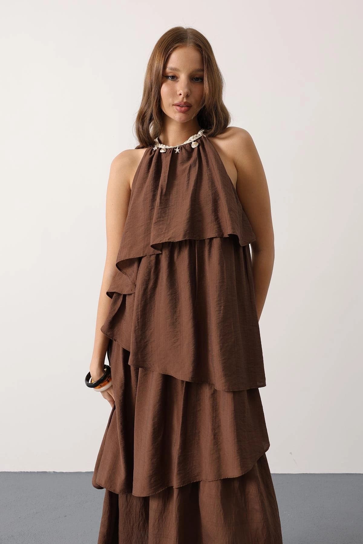 Brown Tiered Halter Maxi Dress Shell Charm Boho Summer Beach Dress Women Bohemian Ruffle Dress - görsel 4