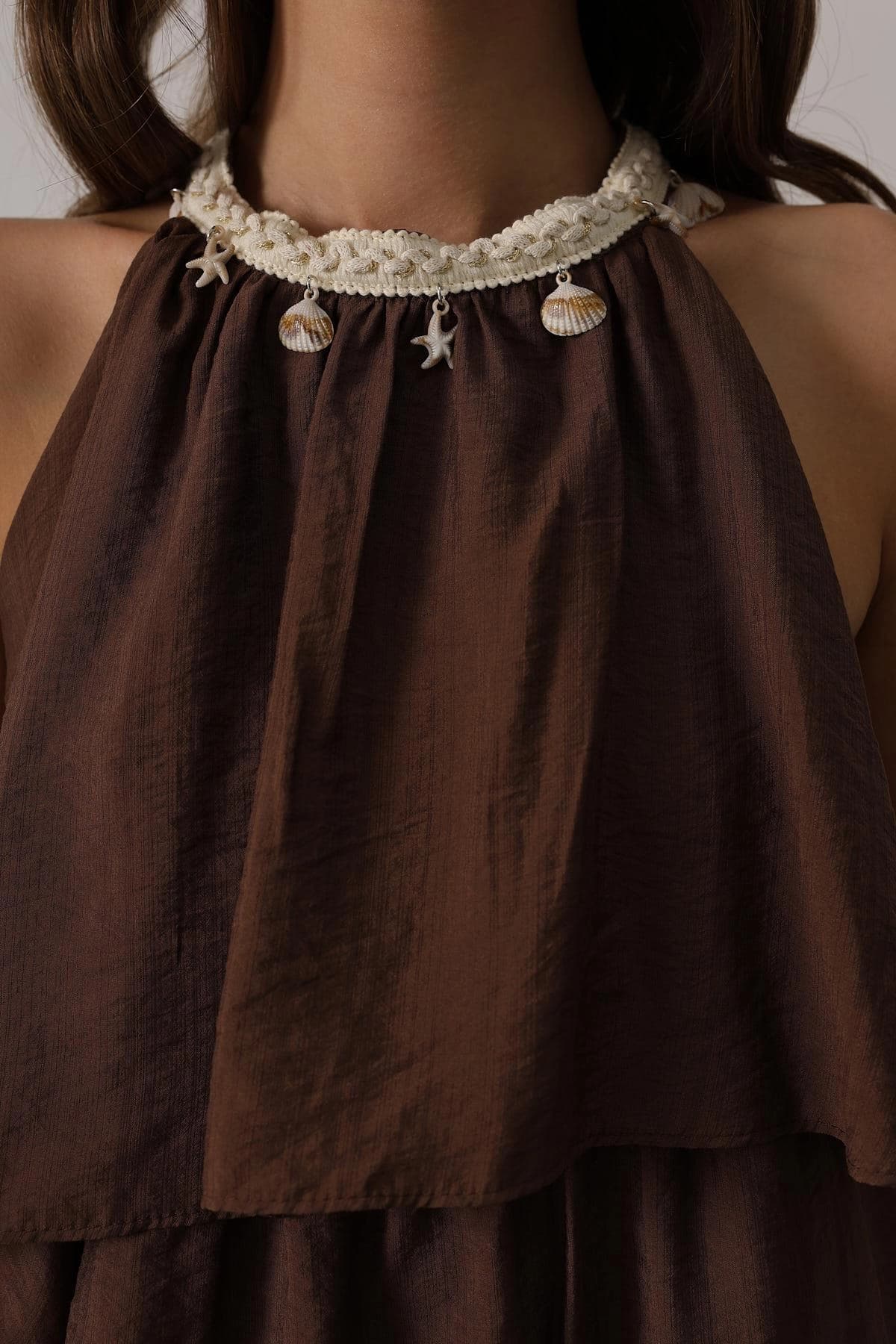 Brown Tiered Halter Maxi Dress Shell Charm Boho Summer Beach Dress Women Bohemian Ruffle Dress - görsel 1