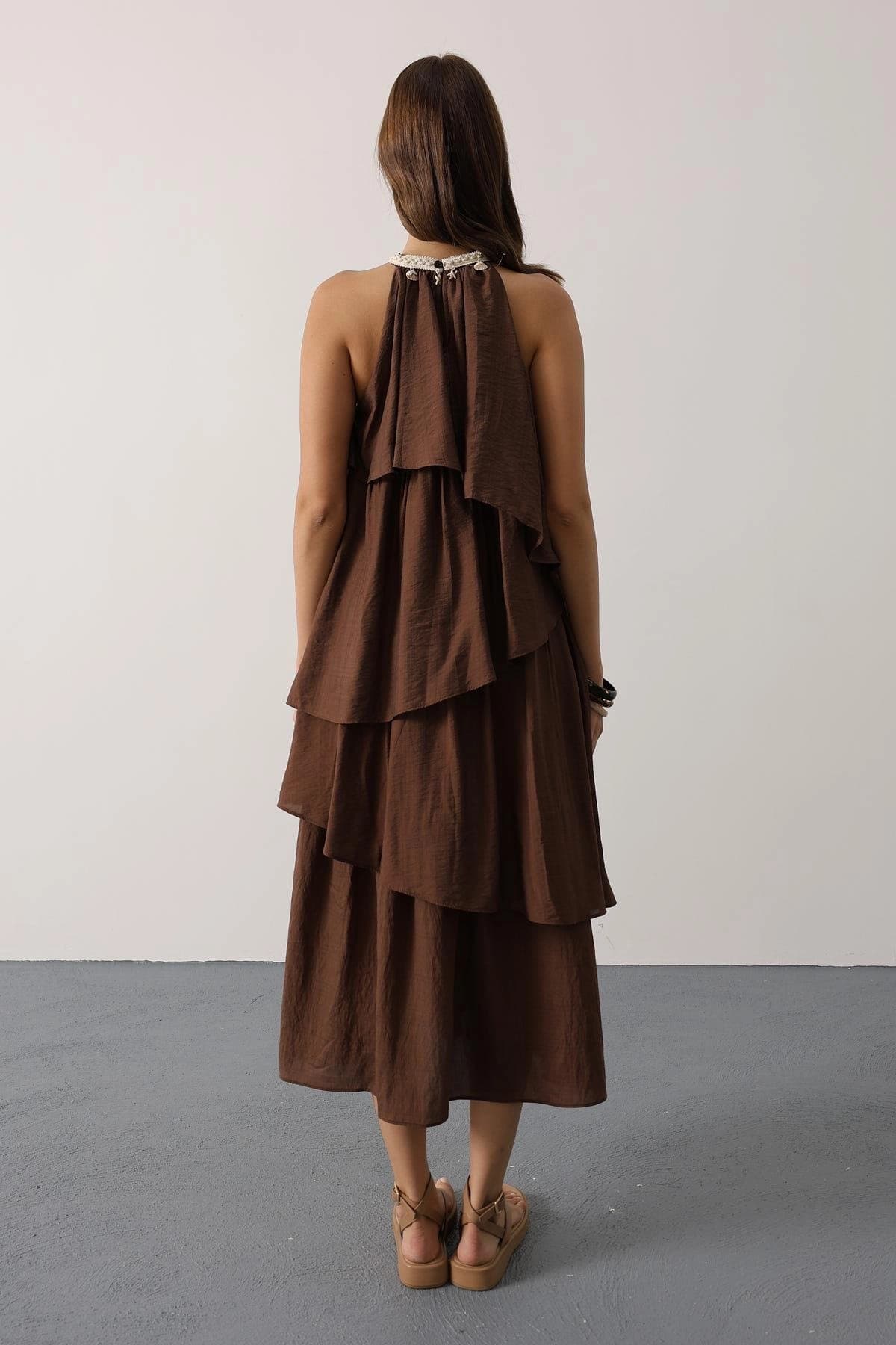 Brown Tiered Halter Maxi Dress Shell Charm Boho Summer Beach Dress Women Bohemian Ruffle Dress - görsel 5