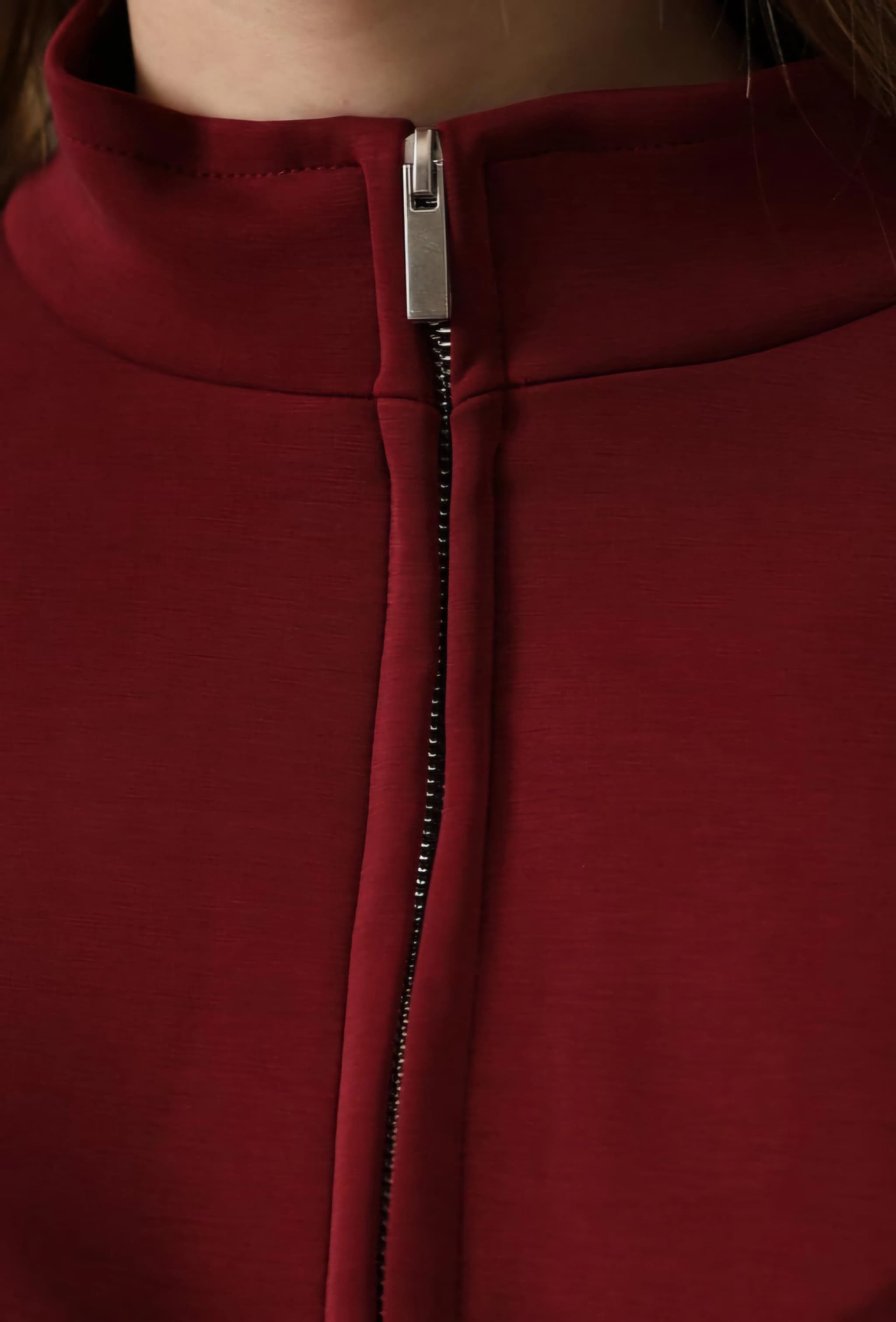 Burgundy Belted Peplum Jacket | High Neck Long Sleeve Zip-Up Sweatshirt - görsel 1