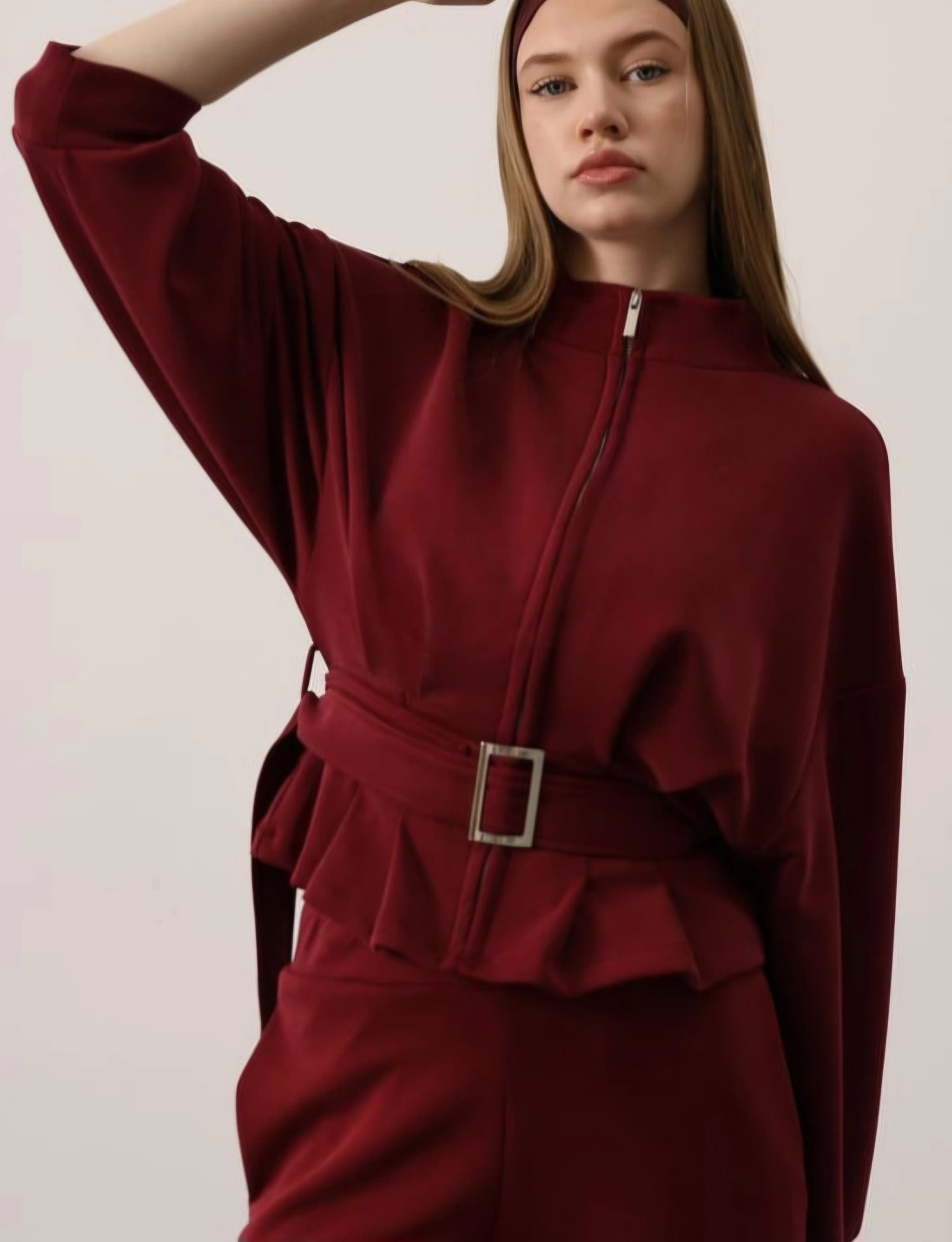Burgundy Belted Peplum Jacket | High Neck Long Sleeve Zip-Up Sweatshirt - ana görsel