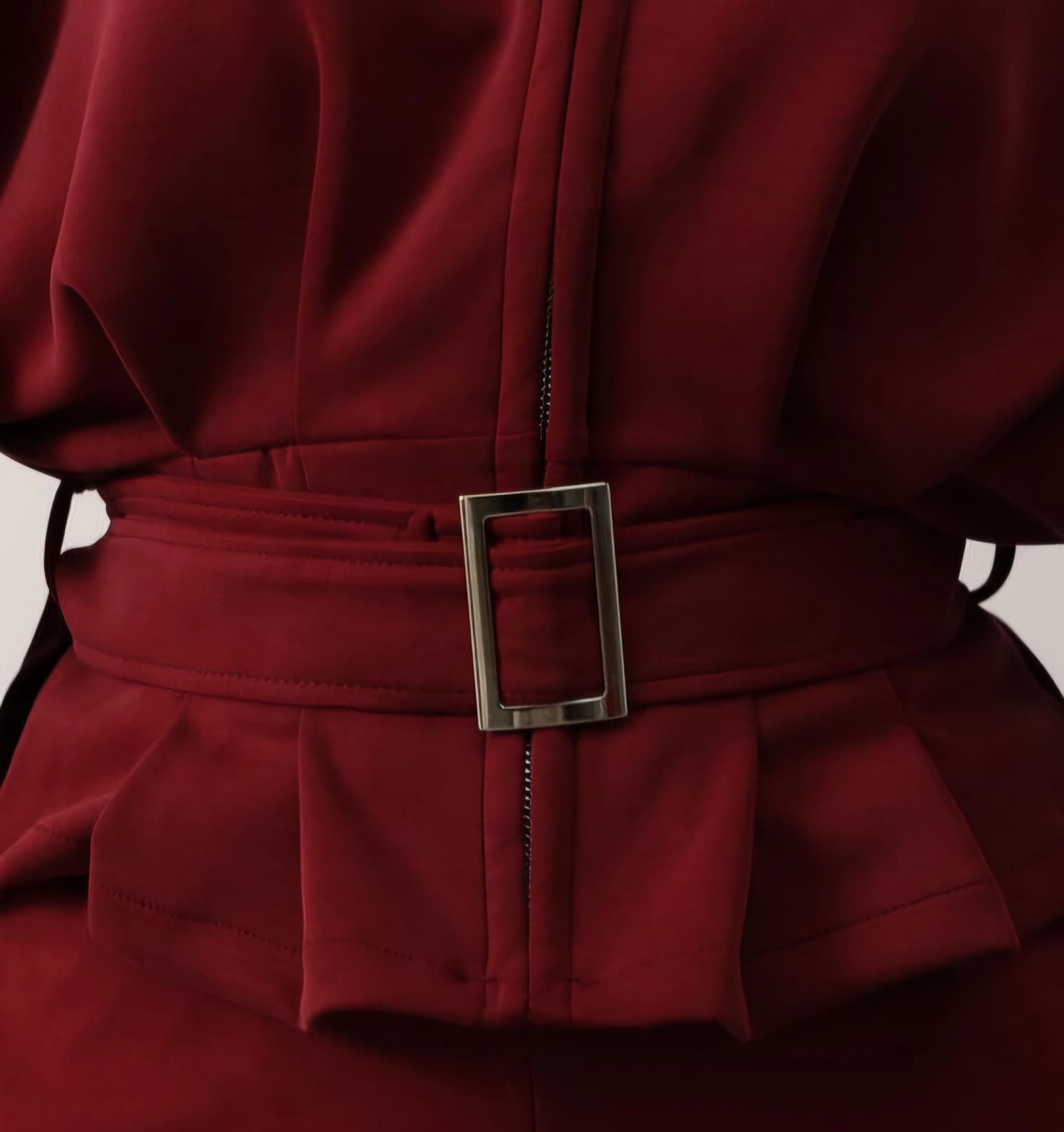 Burgundy Belted Peplum Jacket | High Neck Long Sleeve Zip-Up Sweatshirt - görsel 3