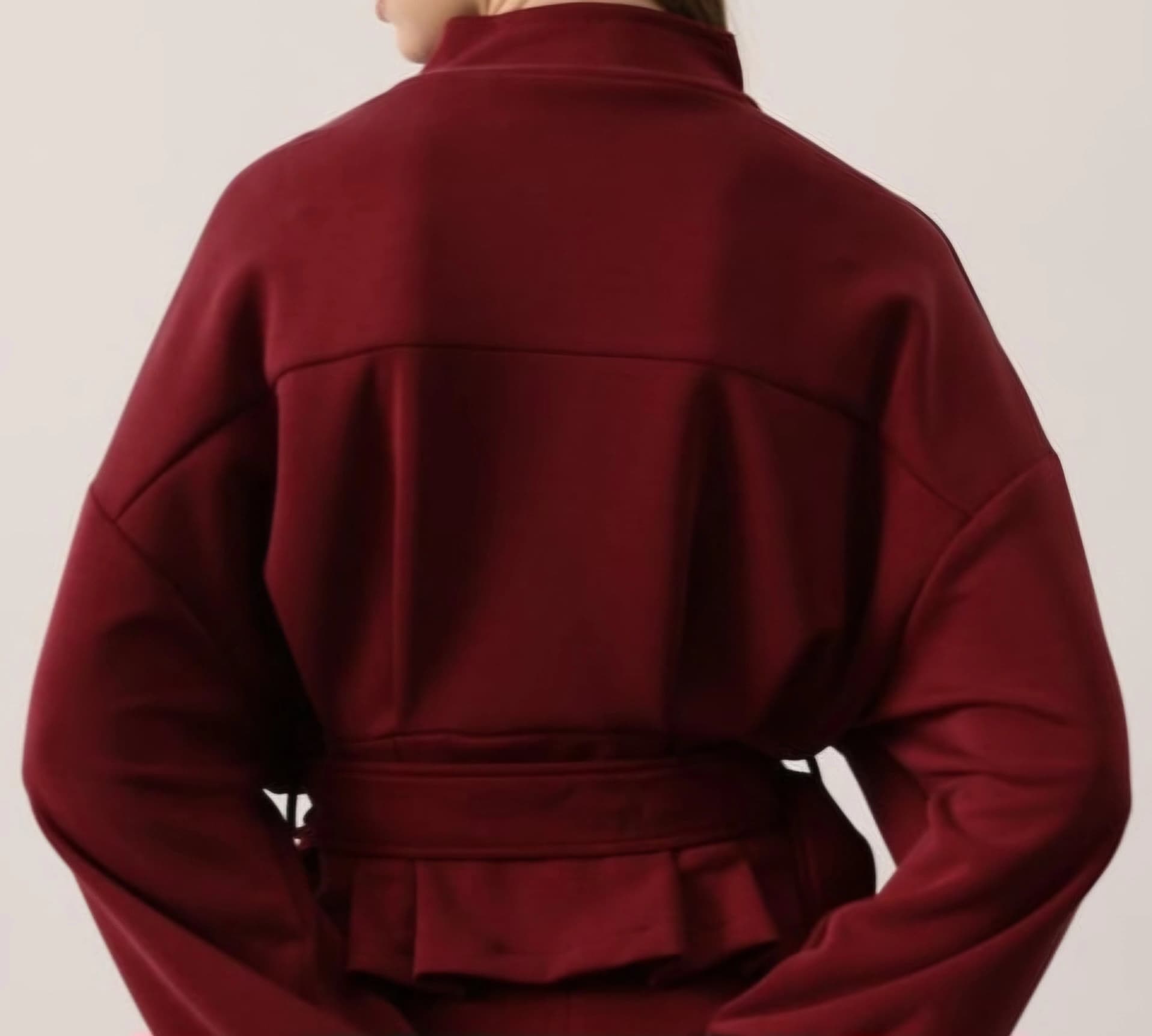 Burgundy Belted Peplum Jacket | High Neck Long Sleeve Zip-Up Sweatshirt - görsel 2