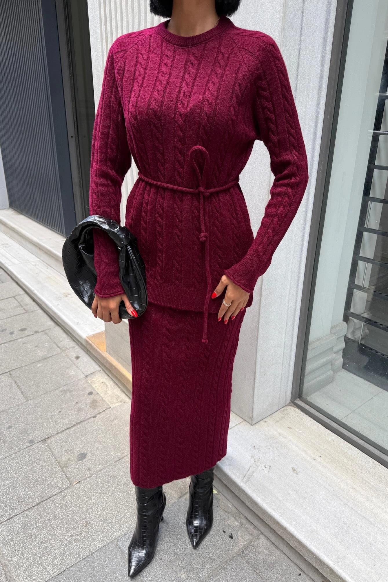 Burgundy Cable Knit Two Piece Set Women Sweater Skirt Matching Outfit Winter Warm Cozy Elegant Casual Chic Fall Fashion - görsel 1