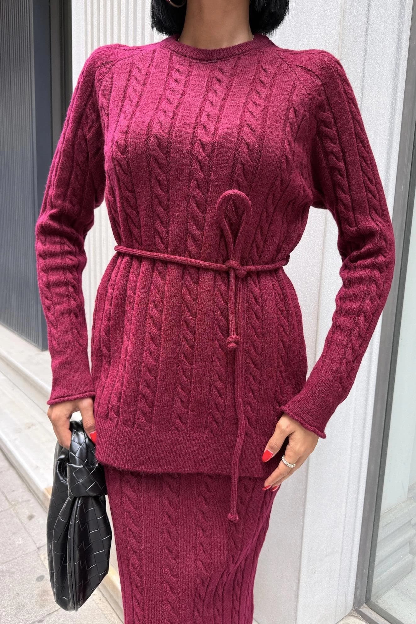 Burgundy Cable Knit Two Piece Set Women Sweater Skirt Matching Outfit Winter Warm Cozy Elegant Casual Chic Fall Fashion - görsel 2