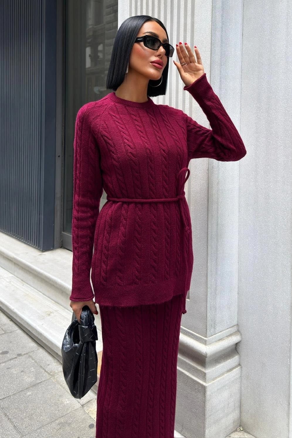 Burgundy Cable Knit Two Piece Set Women Sweater Skirt Matching Outfit Winter Warm Cozy Elegant Casual Chic Fall Fashion - görsel 3