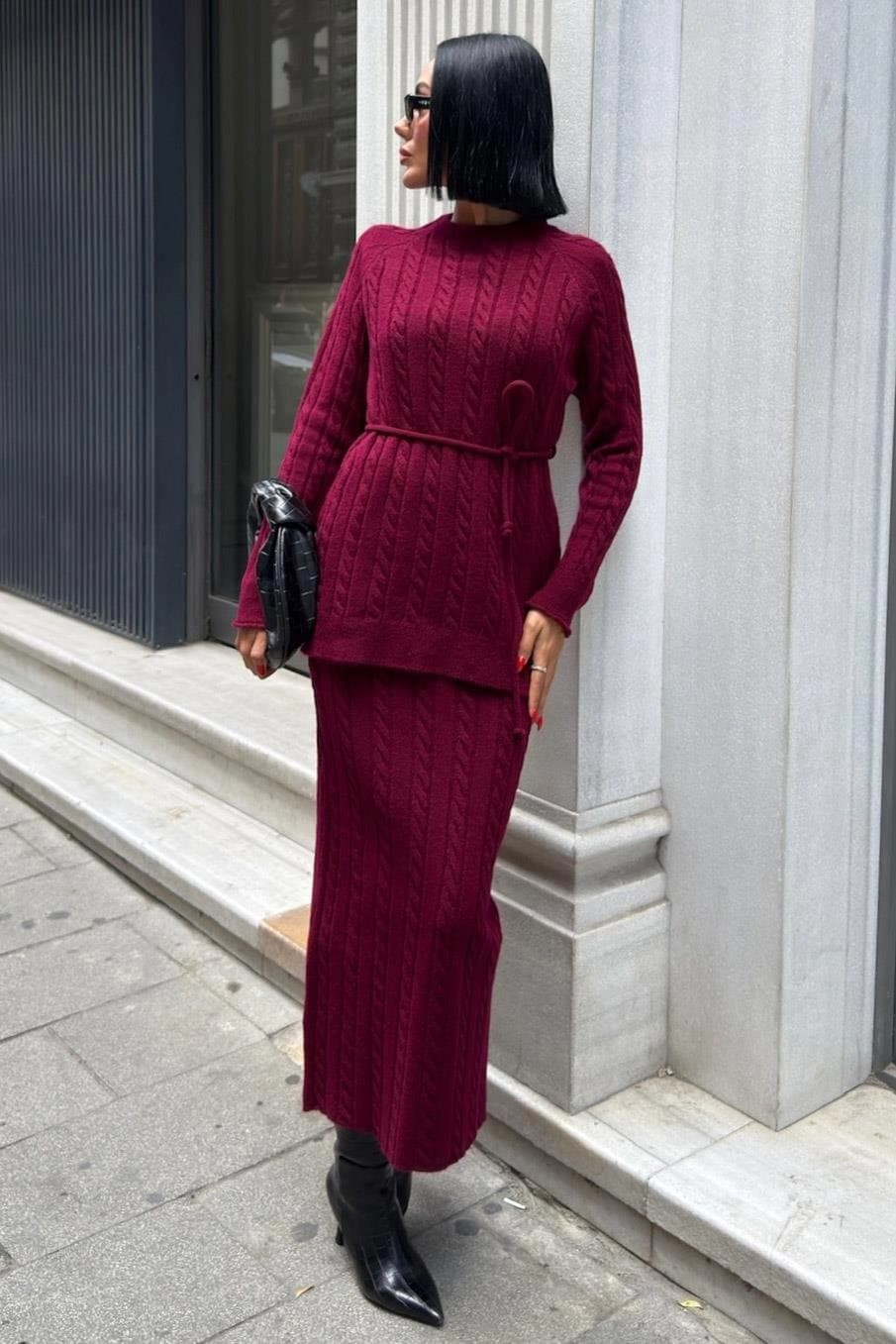 Burgundy Cable Knit Two Piece Set Women Sweater Skirt Matching Outfit Winter Warm Cozy Elegant Casual Chic Fall Fashion - görsel 4