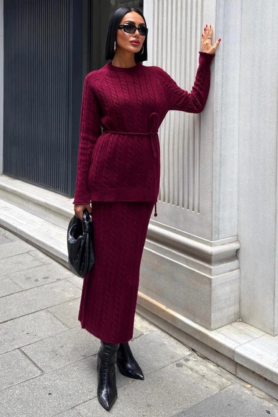 Burgundy Cable Knit Two Piece Set Women Sweater Skirt Matching Outfit Winter Warm Cozy Elegant Casual Chic Fall Fashion - görsel 5