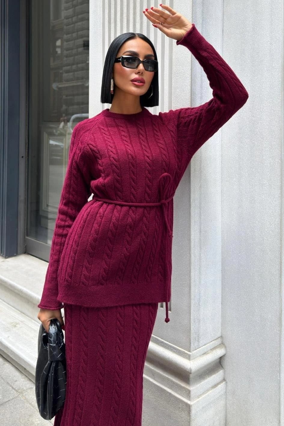 Burgundy Cable Knit Two Piece Set Women Sweater Skirt Matching Outfit Winter Warm Cozy Elegant Casual Chic Fall Fashion - görsel 7