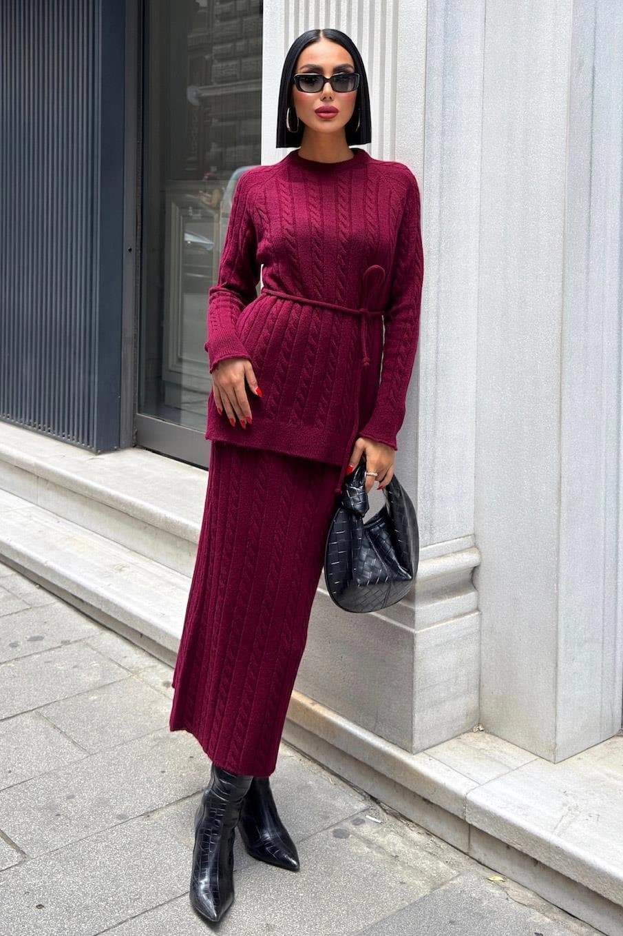 Burgundy Cable Knit Two Piece Set Women Sweater Skirt Matching Outfit Winter Warm Cozy Elegant Casual Chic Fall Fashion - ana görsel