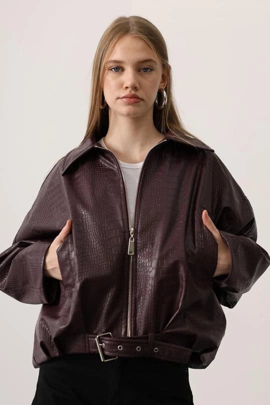 Burgundy Croc Embossed Faux Leather Jacket with Belt – Oversized Women’s Statement Outerwear, Chic Fall Winter Street Style Coat - ana görsel