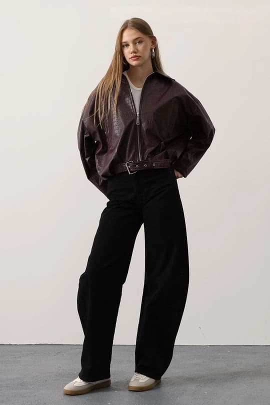 Burgundy Croc Embossed Faux Leather Jacket with Belt – Oversized Women’s Statement Outerwear, Chic Fall Winter Street Style Coat - görsel 2