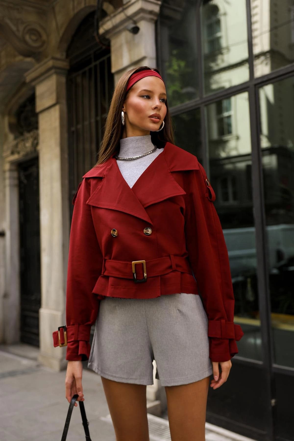 Burgundy Cropped Trench Coat - Double Breasted Belted Jacket for Women - ana görsel
