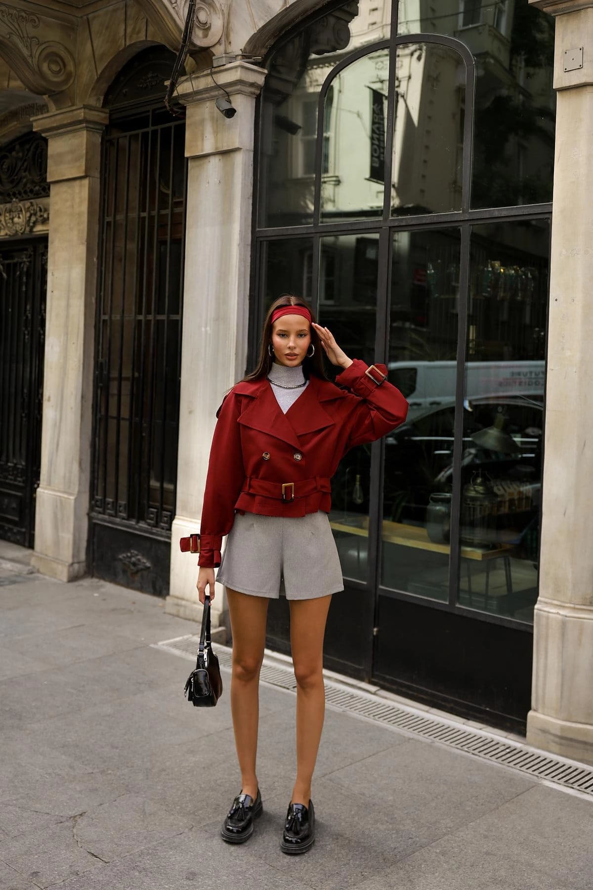 Burgundy Cropped Trench Coat - Double Breasted Belted Jacket for Women - görsel 6
