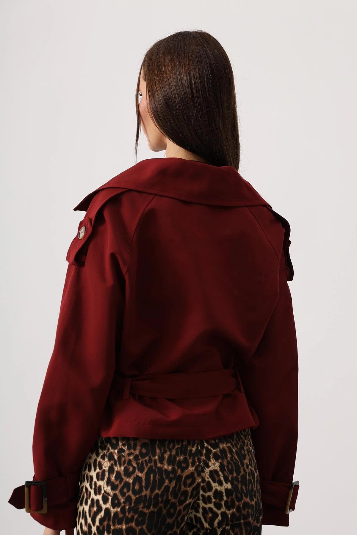 Burgundy Cropped Trench Jacket Belted Double Breasted Short Coat Women's Trench - görsel 2
