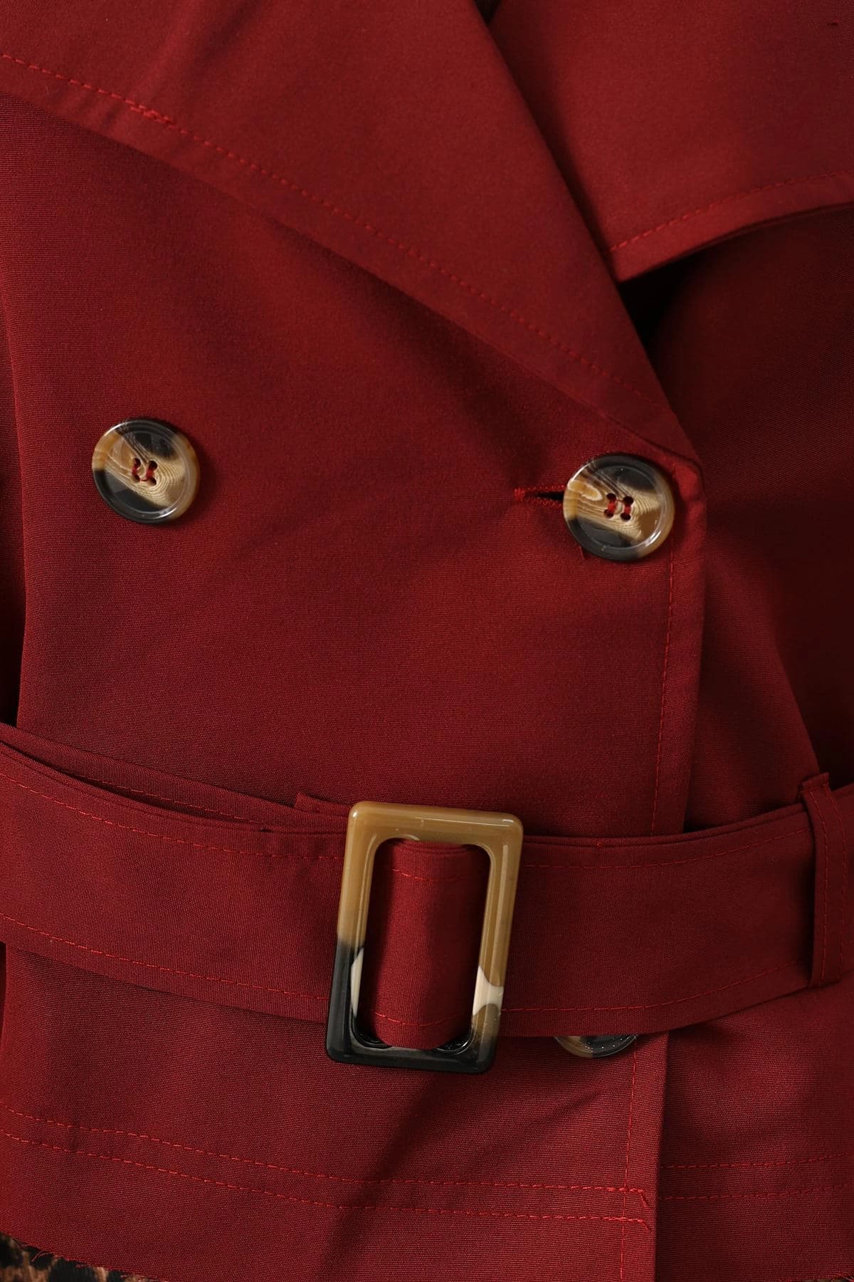 Burgundy Cropped Trench Jacket Belted Double Breasted Short Coat Women's Trench - görsel 3