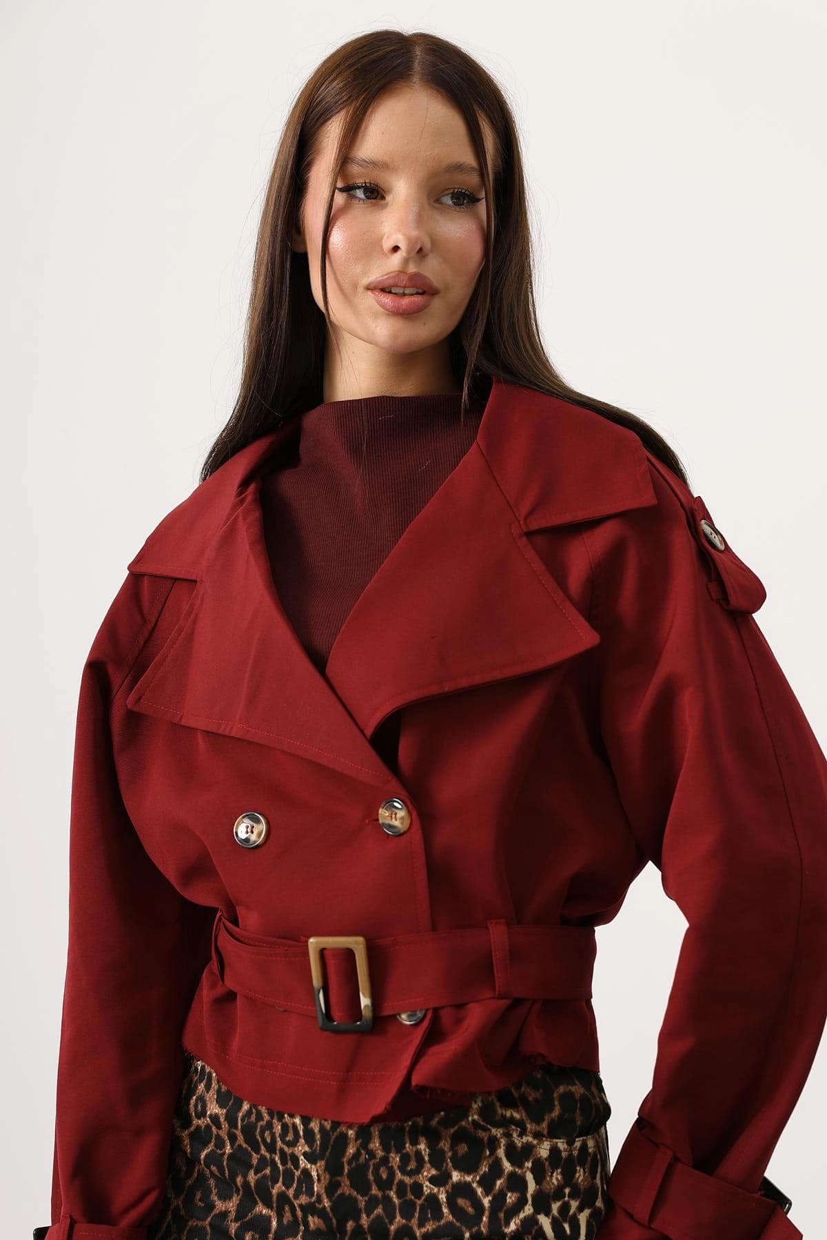 Burgundy Cropped Trench Jacket Belted Double Breasted Short Coat Women's Trench - görsel 4