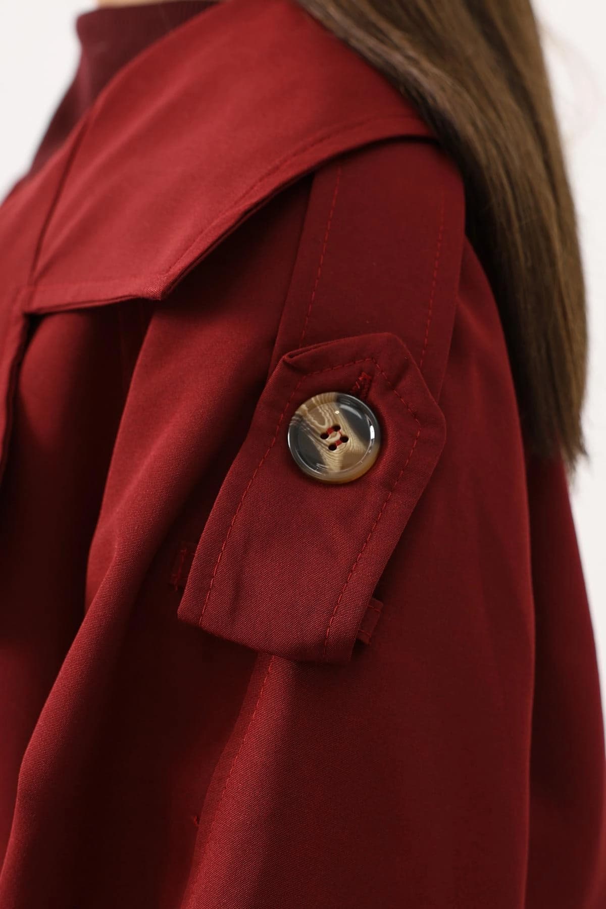 Burgundy Cropped Trench Jacket Belted Double Breasted Short Coat Women's Trench - görsel 5