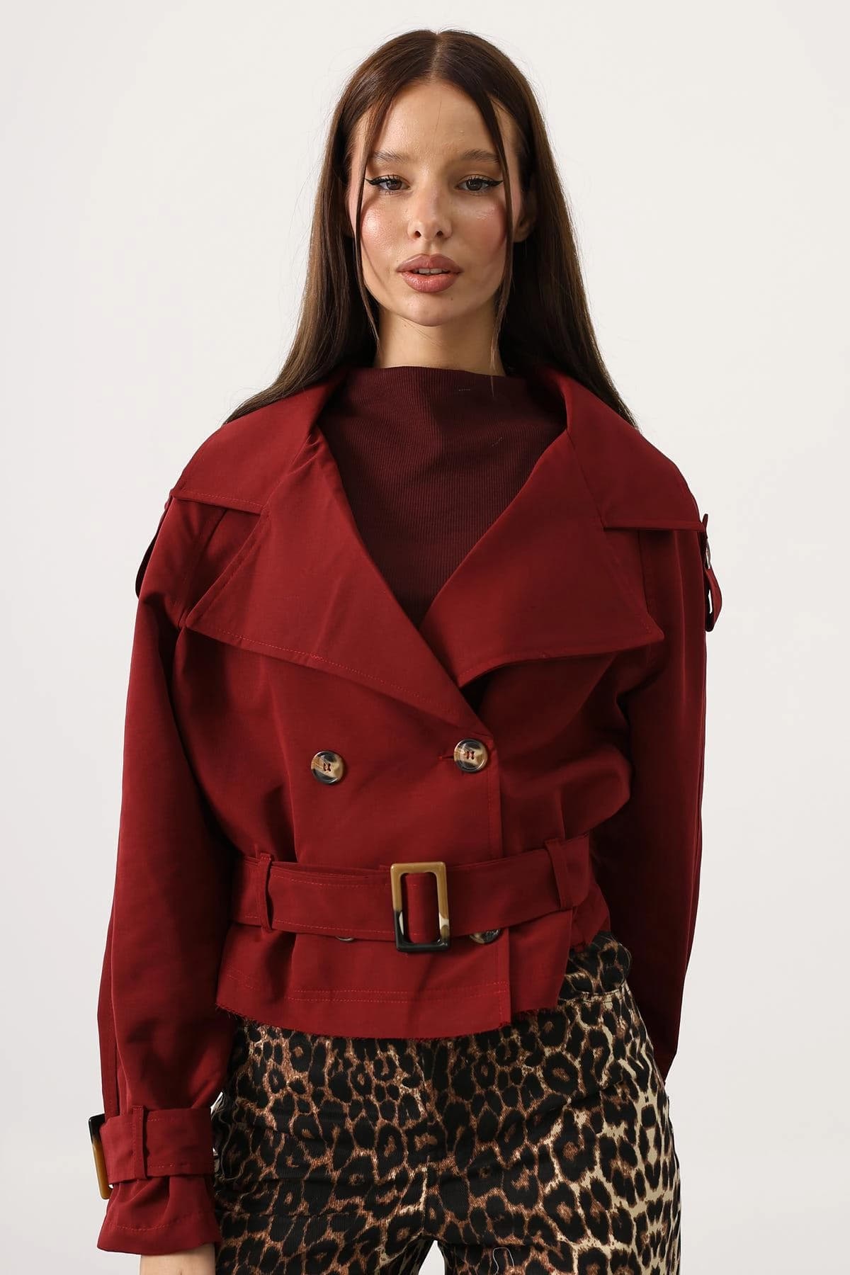 Burgundy Cropped Trench Jacket Belted Double Breasted Short Coat Women's Trench