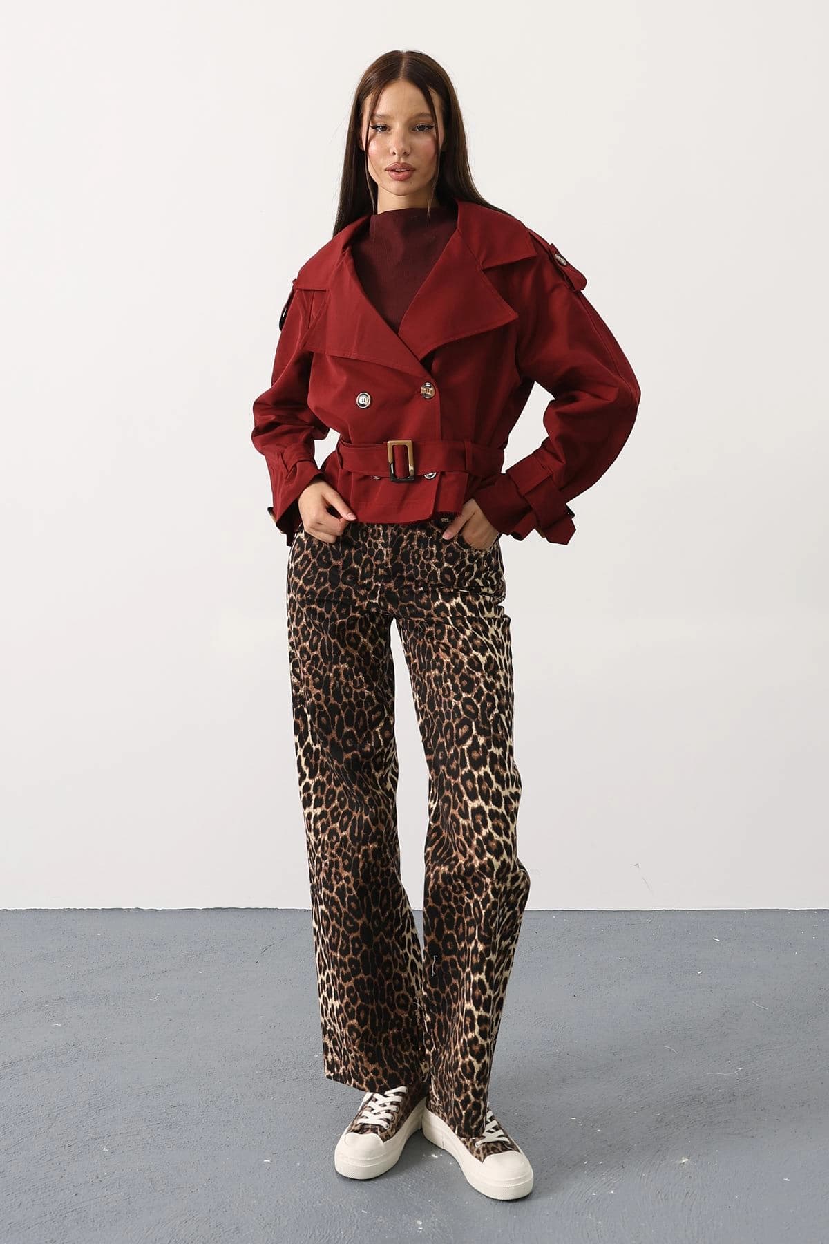 Burgundy Cropped Trench Jacket Belted Double Breasted Short Coat Women's Trench - görsel 6