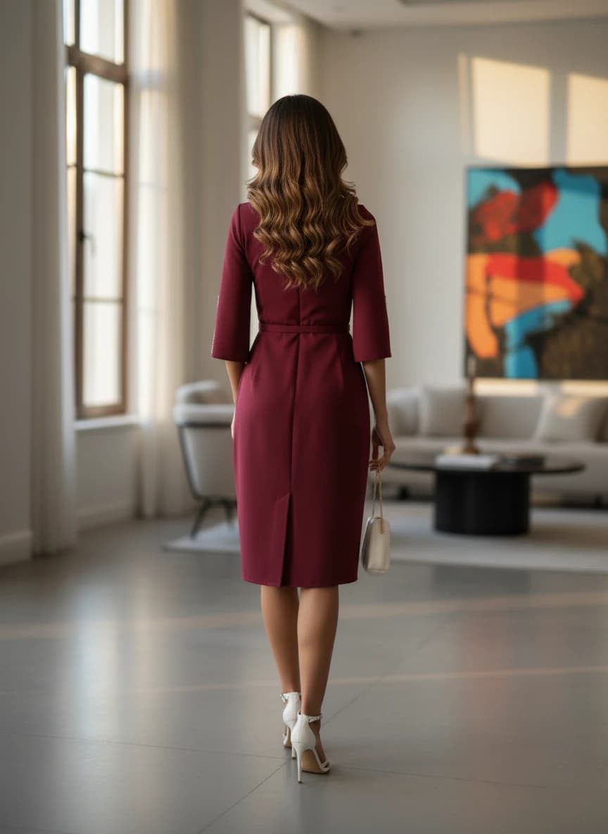 Merlot hued sophisticated attire, back perspective, featuring a belted form, elbow-length arms, and a rear vent.