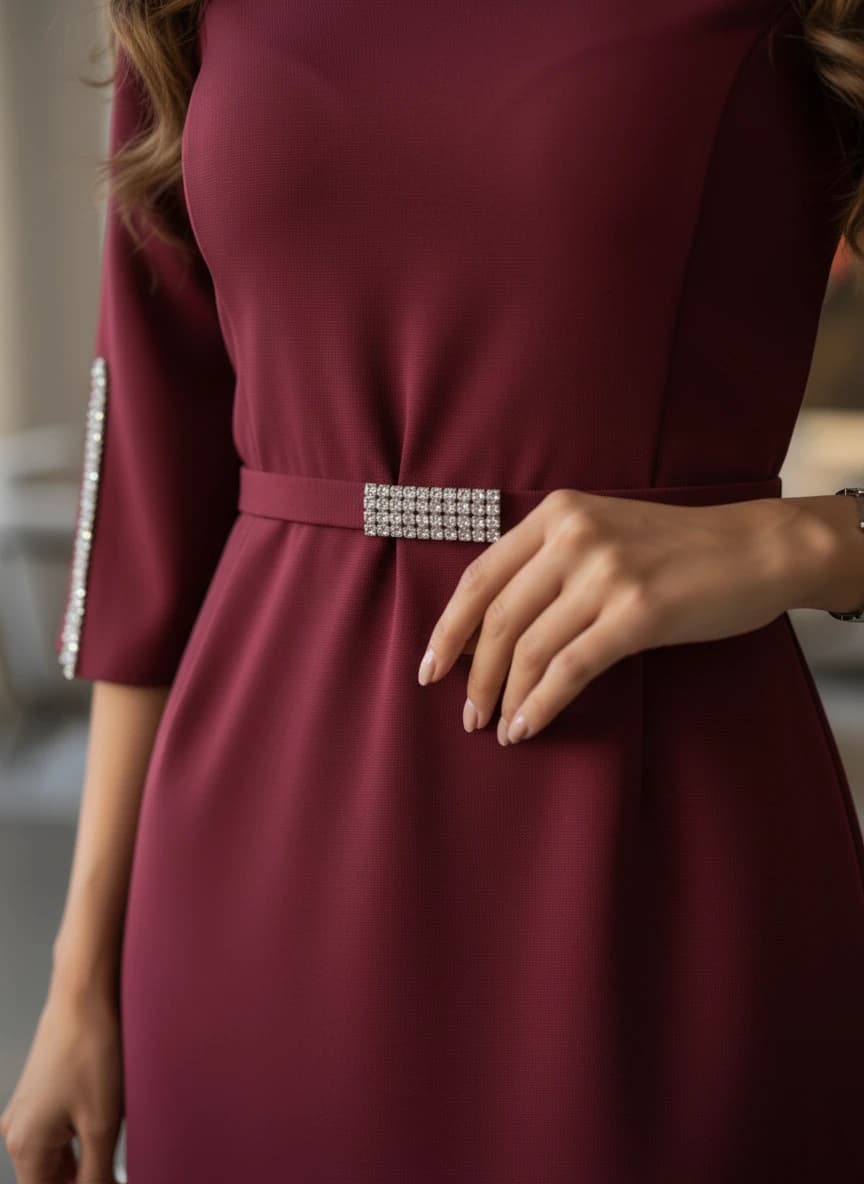 Crimson luxurious outfit, close up of waist with gleaming gem-studded buckle and coordinating decorative sleeve strip.