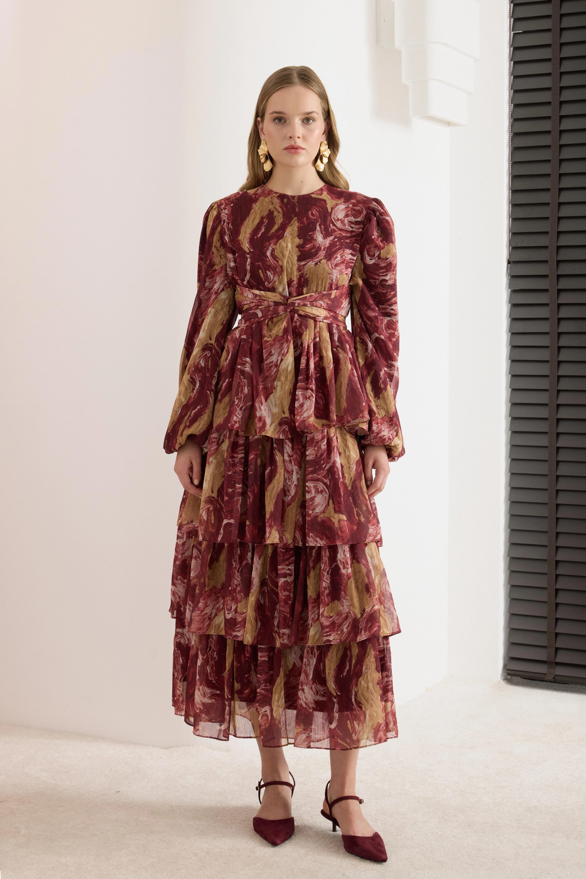 Burgundy Rose Print Chiffon Midi Dress