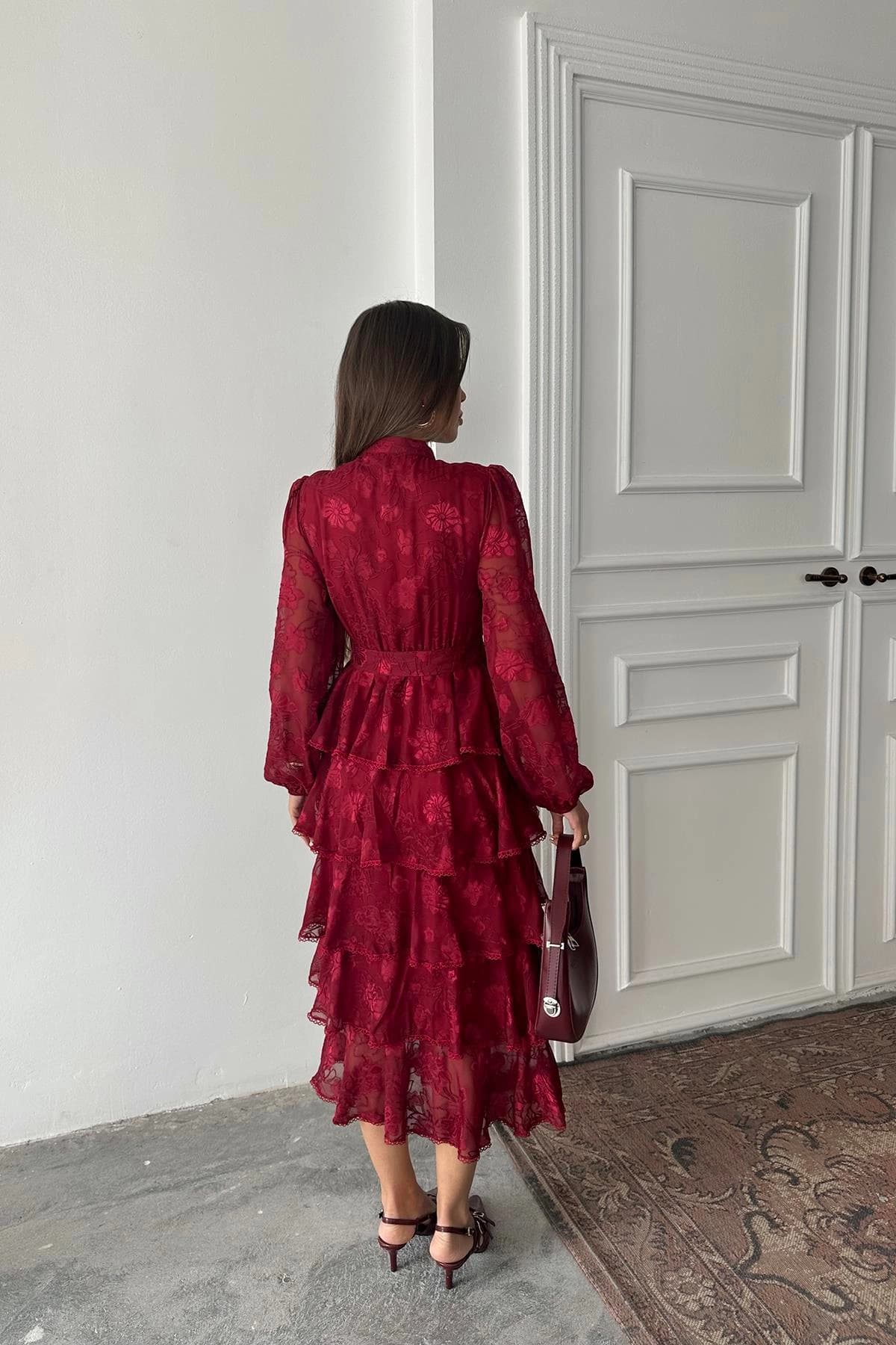 Burgundy Tiered Midi Dress - Boho Long Sleeve Ruffle Dress - Romantic Wine Red Chiffon Dress - Bohemian Wedding Guest Dress - görsel 5