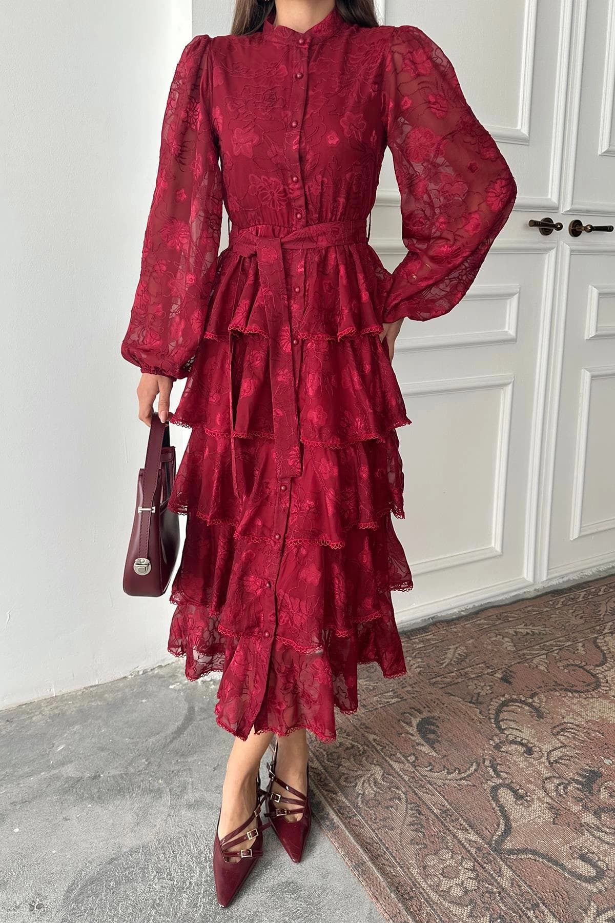 Burgundy Tiered Midi Dress - Boho Long Sleeve Ruffle Dress - Romantic Wine Red Chiffon Dress - Bohemian Wedding Guest Dress - ana görsel