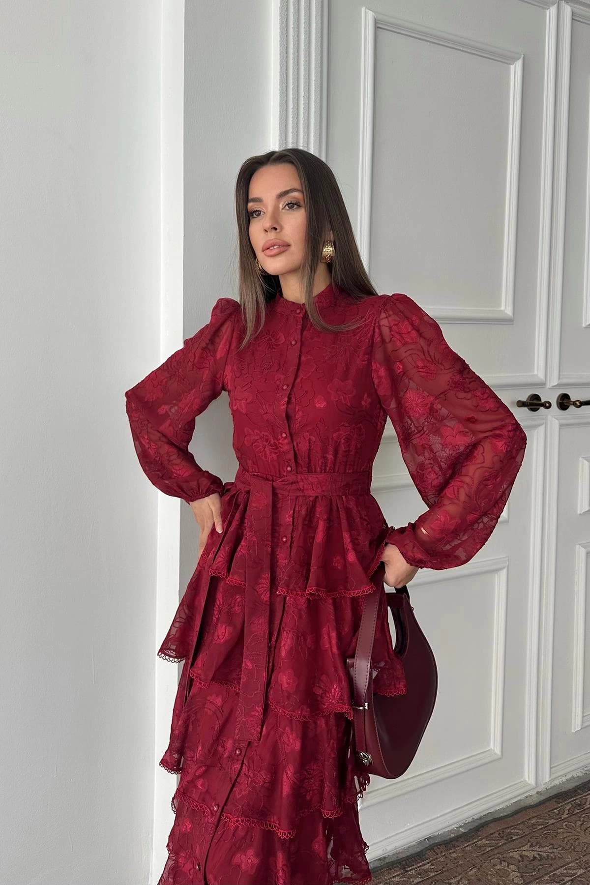 Burgundy Tiered Midi Dress - Boho Long Sleeve Ruffle Dress - Romantic Wine Red Chiffon Dress - Bohemian Wedding Guest Dress - görsel 2