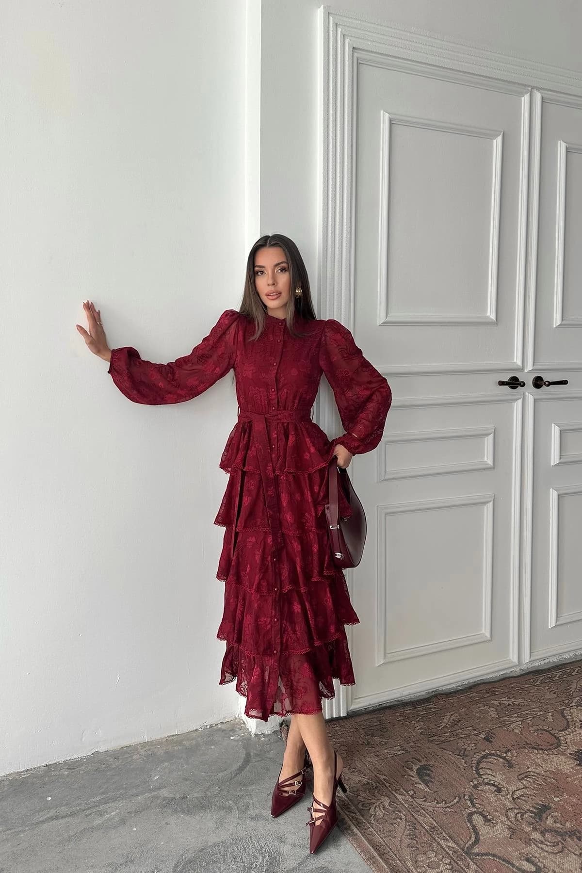 Burgundy Tiered Midi Dress - Boho Long Sleeve Ruffle Dress - Romantic Wine Red Chiffon Dress - Bohemian Wedding Guest Dress - görsel 3